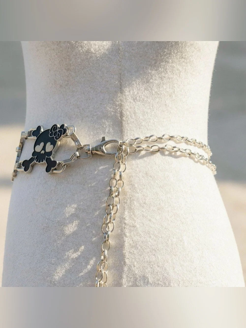 Y2K 2000s style Black and silver skull waist chain belt with hearts